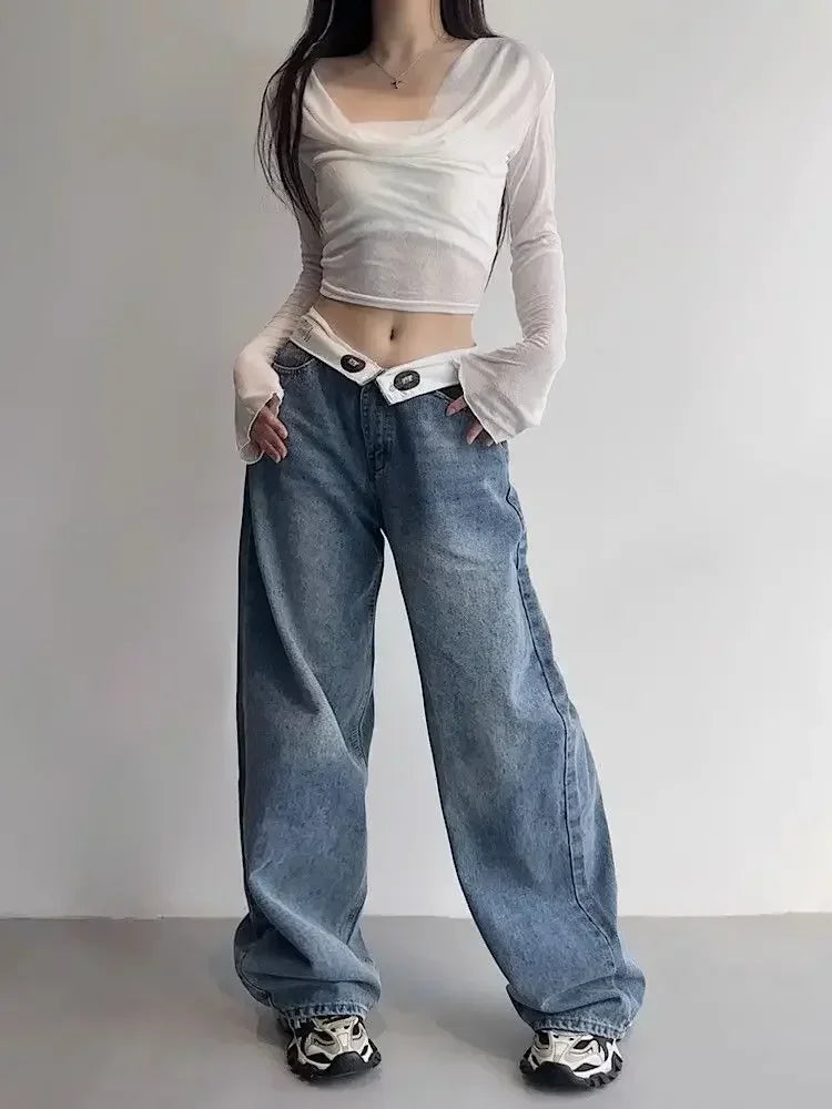 Vintage Y2k Jeans Women Baggy Kpop Gyaru Streetwear Wide Blue Denim Pants Harajuku Korean Acubi Fashion High Waist Jeans