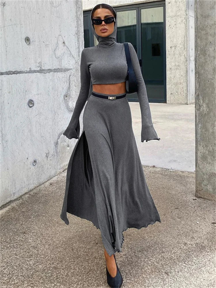 Picsgirl Tossy Hoodie Long Sleeve Pullover 2 Piece-Set Maxi Skirt Female Patchwork High Waist Long Skirt Sets Summer Women Outfits 2024