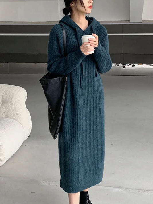 Long-sleeved Dress Autumn Winter Hooded collar LOOSE Sweater Women's Long Over-the-knee Knitted Dress Elegant Women's Sweater