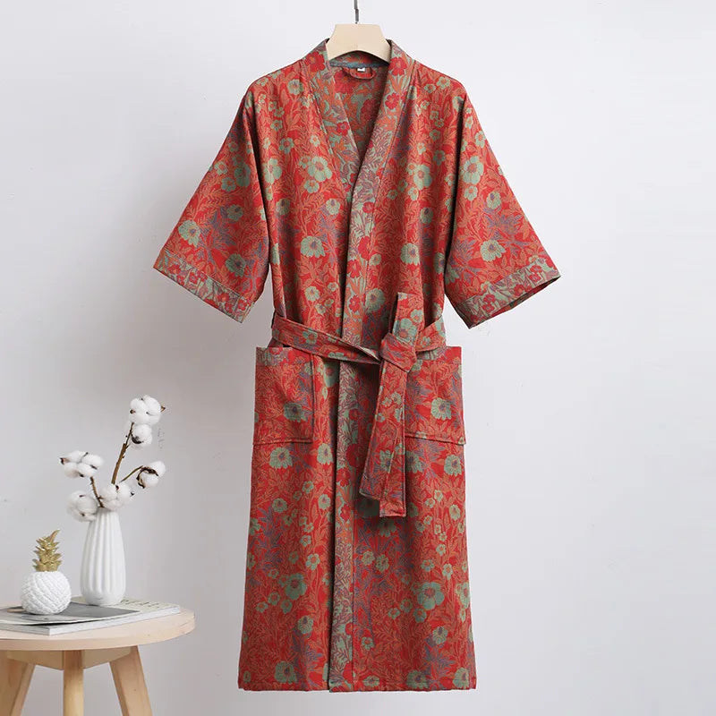 Couple's Dressing Gowns Vintage Print Loungewear Double Layer of Cotton Bathrobes Women's Pajamas Absorb Water and Dry Quickly