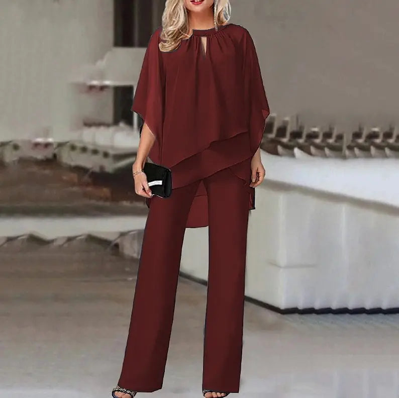 Fashion Solid Women Set Elegant Two Piece Set Casual Irregular Suit Loose Half Sleeve Tops+High Waist Wide Leg Pants Set Outfits