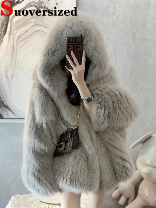 Hooded Winter Faux Fox Fur Coats Korean Fashion Furry Jacket Warm Thick Streetwear Plush Casaco Loose Casual Women New Chaquetas