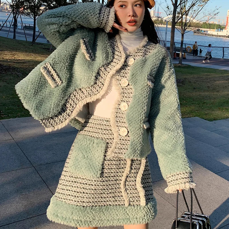 Two Piece Set for Women Outfits Short Set Autumer Winter Elegant Chic Green Skirt Set Wool Coat Long Sleeve Button Thick Korean