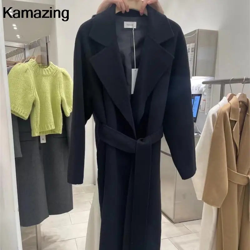 Women Elegant Long Woolen Coat with Belt Autumn Winter Fashion Solid Long Sleeve Chic Outerwear Ladies Casual Overcoat 2023