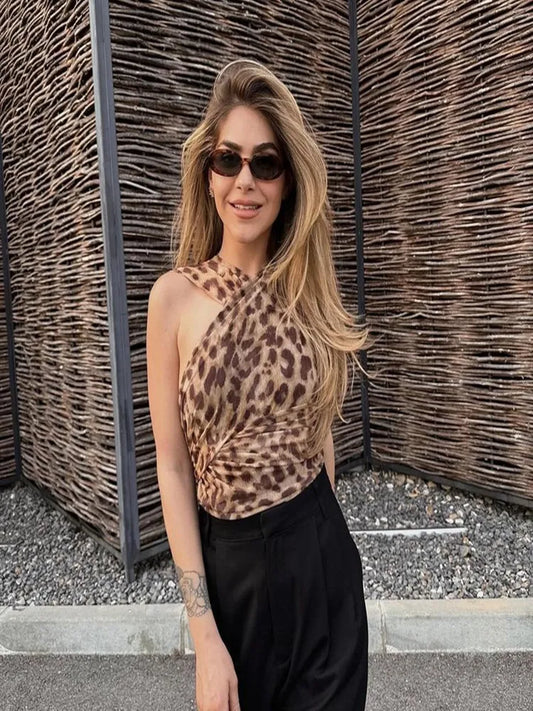 One Pieces Leopard Print Jumpsuit Women Slim Hollow Out Irregular Sleeveless Female Bodysuit 2024 Summer Fashion Lady Playsuit