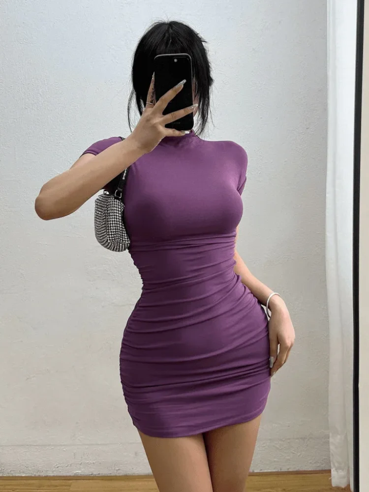 WARMMETA Tight Half High Collar Pleated Waist Mini Dress Spicy Girls Slim Dresses Bodycon Women Vestidos Cortos Party Mujer Clothing