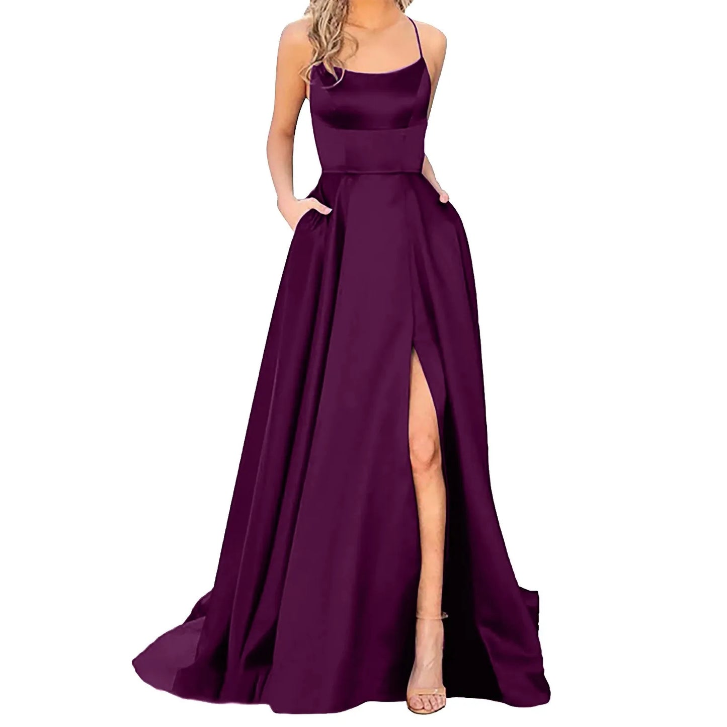 warmmeta-Sexy Backless Long Evening Prom Dress Purple Side Slipt Maxi Dress Women A Line Spaghetti Straps Satin Prom Gowns Formal Vestido