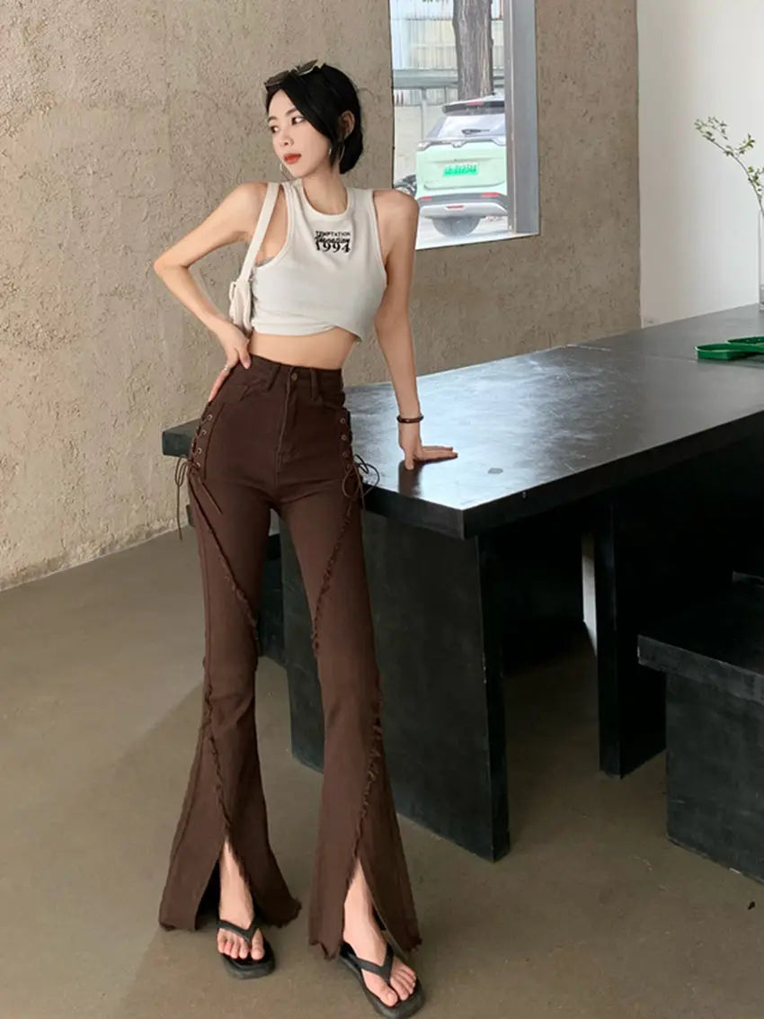 Y2k Slit Raw Edge Strappy Flared High Waist Jeans Retro High Street Fashion Wide Leg Pants Hot Girl Casual Simple Trousers