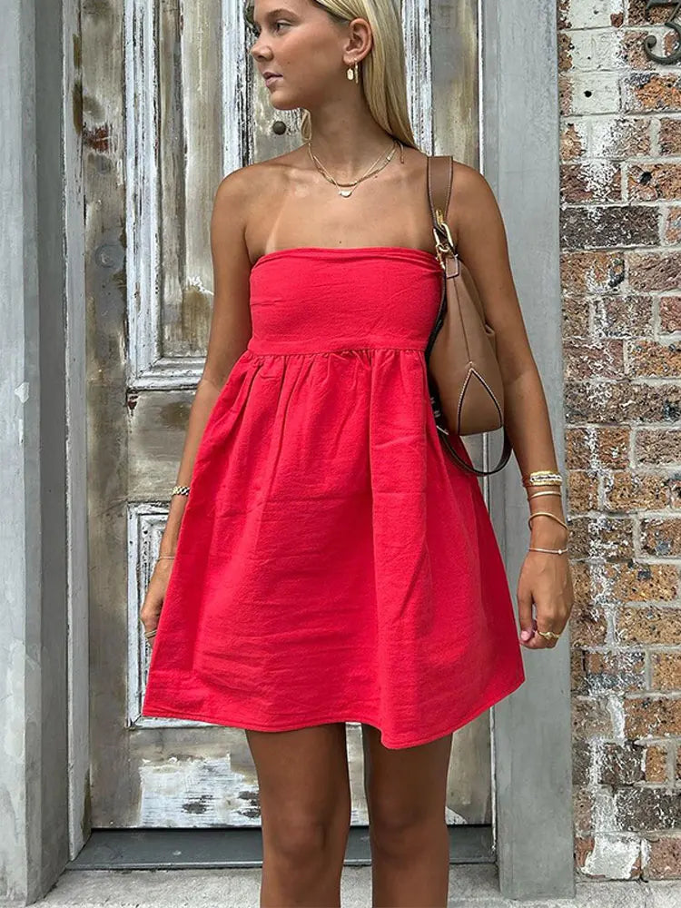 Fashion Ruffles Rube Top Mini Dress For Women Sexy Off Shoulder Backless Sleeveless A-line Dresses Female Strapless Vestidos