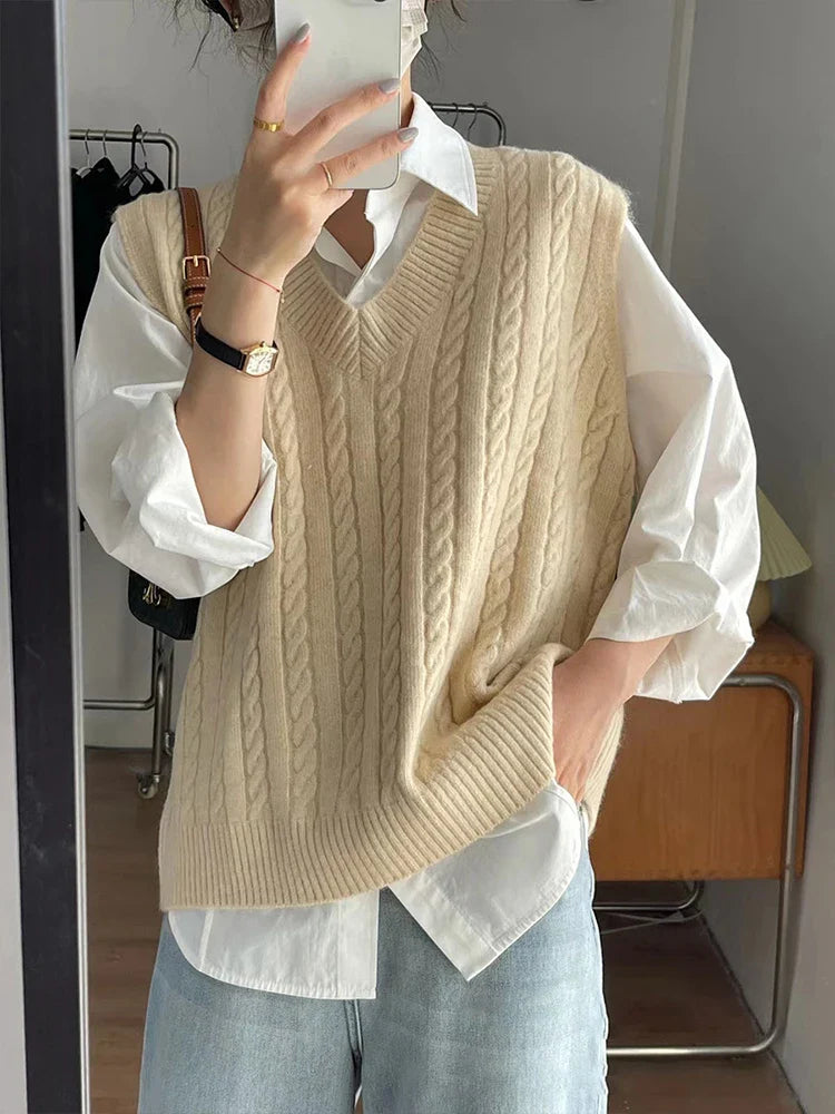 Knitted Vest Women Spring Autumn Vintage Casual Preppy Style Sleeveless Sweater Female Korean Fashion Loose All-match Waistcoat