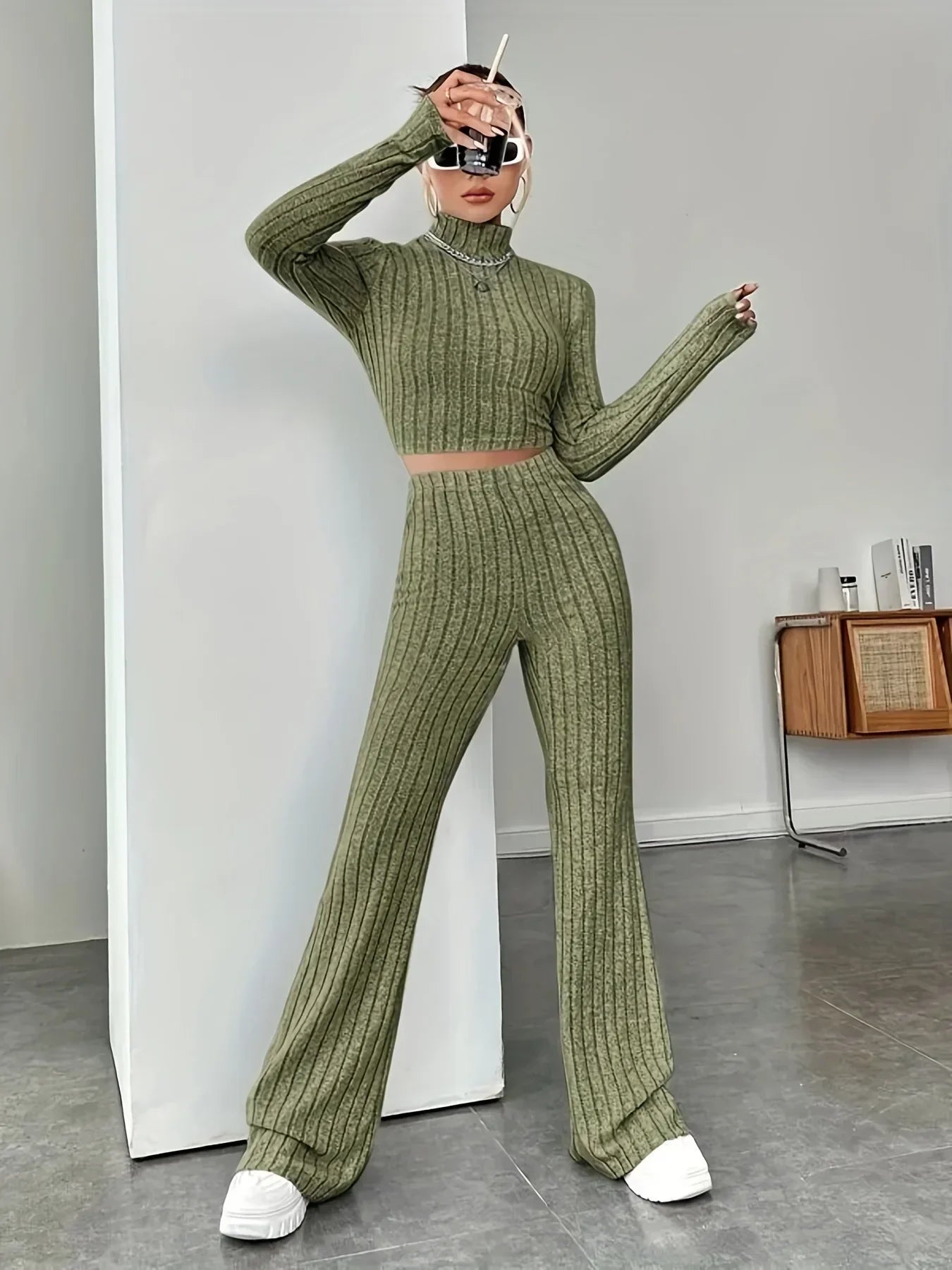 warmmeta-2024 Spring Knitted 2 Piece Sets Women Tracksuit Long Sleeve Vintage Sweater Crop Top Flare Pants Stretch Matching Suit Outfit