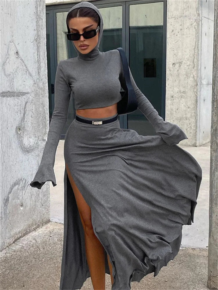 Picsgirl Tossy Hoodie Long Sleeve Pullover 2 Piece-Set Maxi Skirt Female Patchwork High Waist Long Skirt Sets Summer Women Outfits 2024