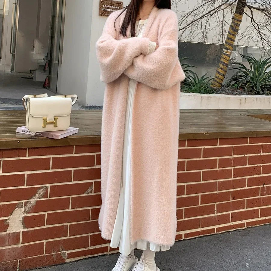 Elegant Long Knee-length Sweater Cardigan Autumn/winter New Idle Style Loose-fit Thickened Sweater Jacket Cross-border Korean