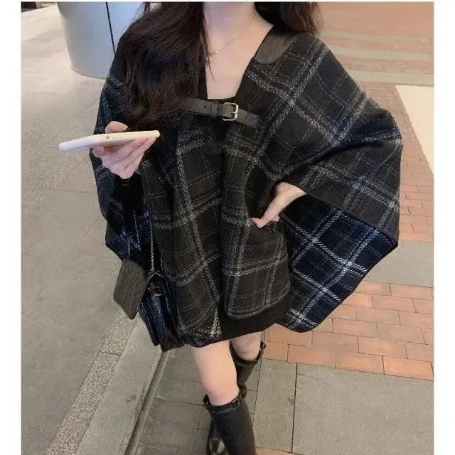 Black Mid-length Plaid Coat Women Autumn And Winter Loose And Versatile Cape Elegant Shawl Casual Coat Korean Women Clothing