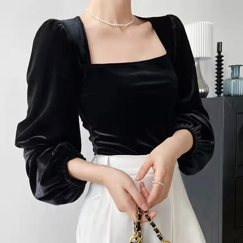 Deeptown  Elegant Black Flannel Blouses Women Vintage Lantern Puff Sleeve Velvet Shirts Female French Style Square Collar Tops