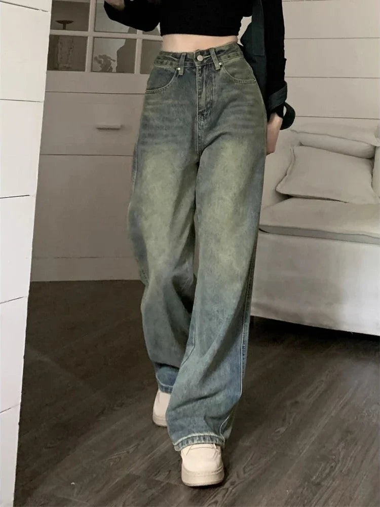 warmmeta Y2k Baggy Wide Leg Jeans Women Vintage Streetwear Washed Denim Pants Grunge Basic Slouchy Blue Trousers Femme Spring