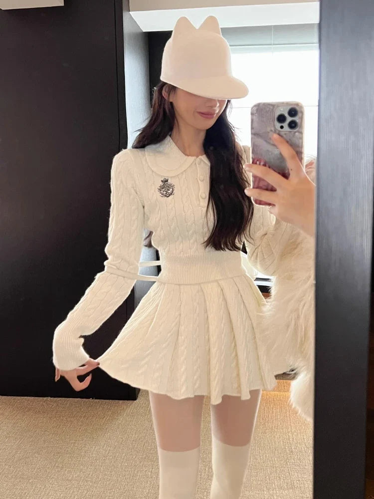 warmmeta 1 Autumn Preppy Style Knitted Clothing Suit Woman Slim Kawaii Swearter Tops Casual Y2k Mini Skirt Woman Fashion 2 Piece Set