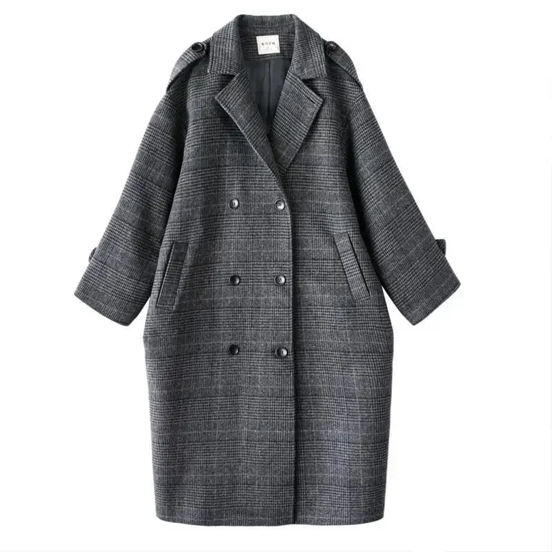 Women Coat Plaid Tweed Wool Warm Long Jackets Female Overcoat Korean Fashion Outerwear Trench Coat Clothes 2023 Autumn Winter