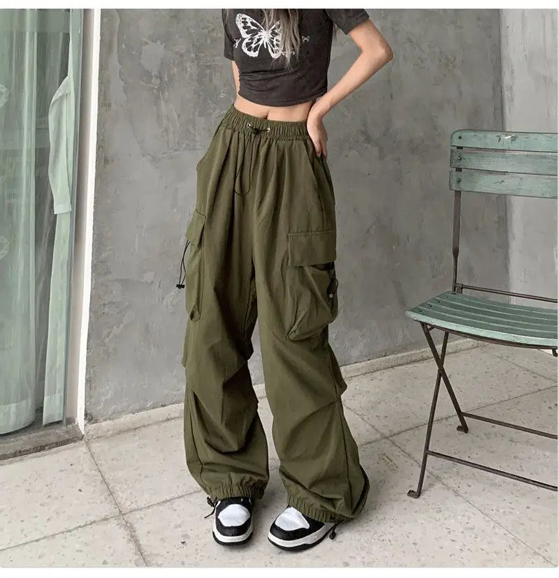 Women Casual Tech Pants Drawstring Black Low Waist Wide Leg Trousers Oversized Sweatpant Baggy Joggers Y2k Streetwear Cargo Pant