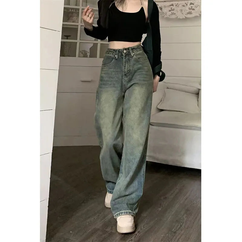 warmmeta 5 Vintage 90S Baggy Straight Denim Trousers Female Y2K High Waist Loose Wide Leg Jeans Women Streetwear All-Match Casual Pants New