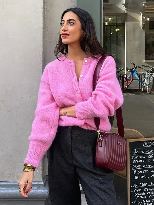 Women Pink Single Breasted Knit Cardigan Sweet Female Long Sleeve Crew Neck Sweater Spring Casual Fashion Office Ladies Knitwear