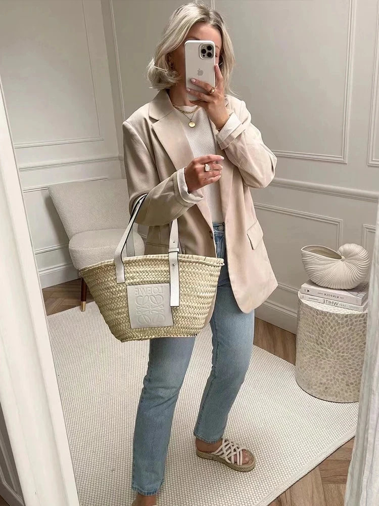 Picsgirl -  2024 Spring Casual Blazer for Woman Fashion Lapel V-neck Jackets Pockets Office Lady Fashion Long Sleeve Slim Jacket