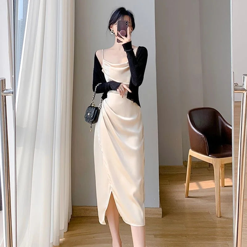 2024 Spring And Summer New Fashion Style Satin Halter Dress Waist Slit Wrap Hip Skirt Sun Cardigan Skirt Women's Two-piece Set