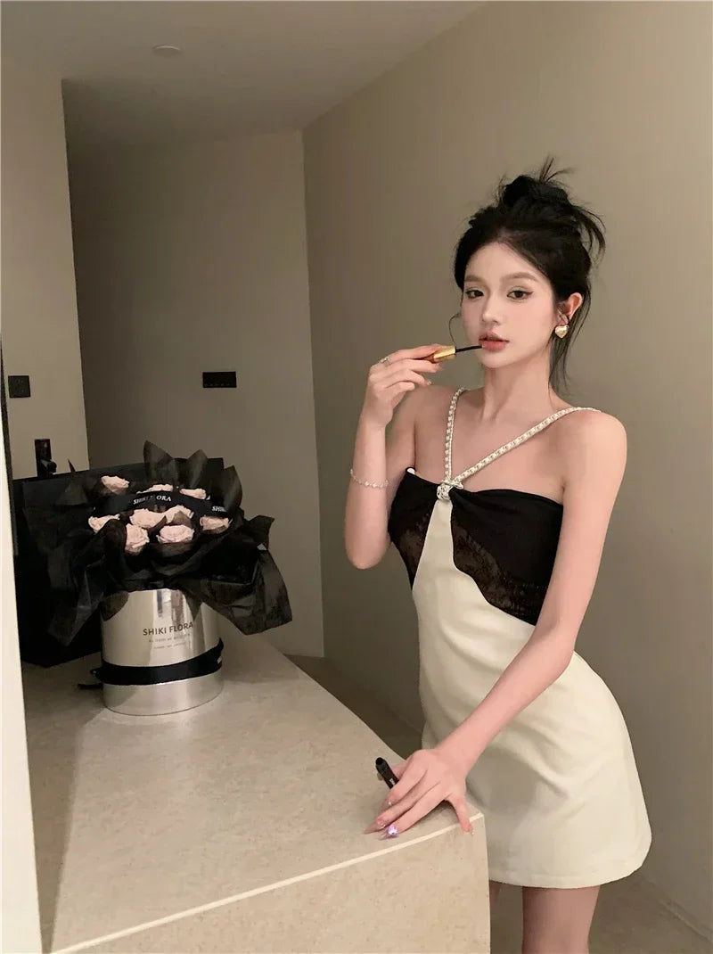 WARMMETA Summer Sexy Dress Woman French Style Spaghetti Strap Chain Halter Off Shoulder Patchwork Slim Elegant Dresses Mini Party