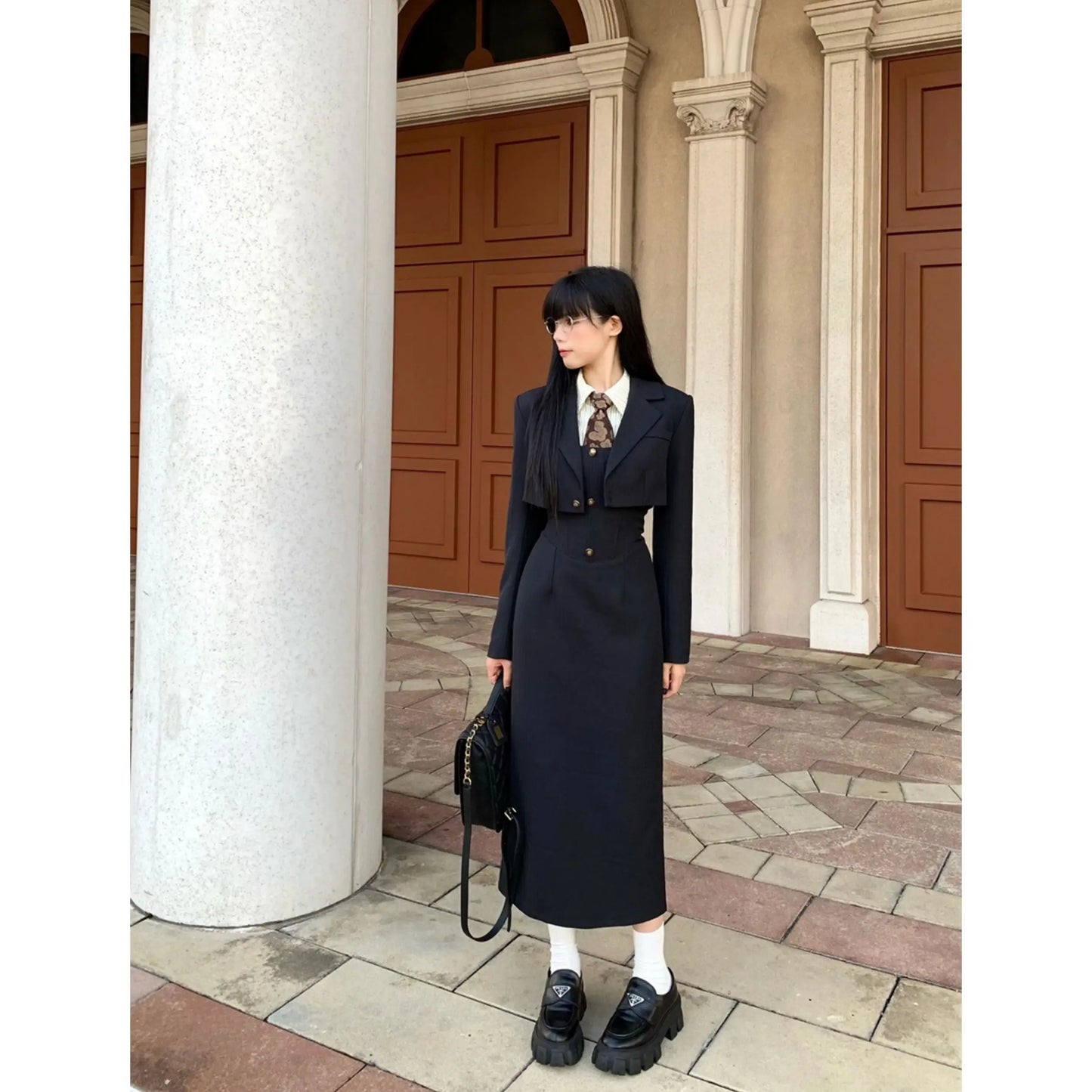 British Style 3 Piece Dress Set Women Long Sleeve Sweet Coat + White Shirt + Long Slim Skirt Winter Elegant Casual Black Suit