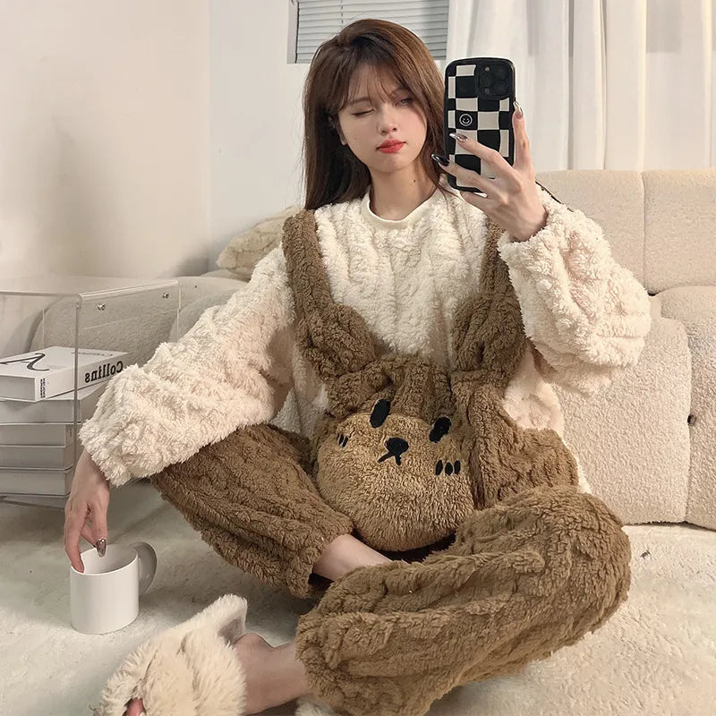 Winter Thicken Women Pijamas Sets Korean Girls Soft Warm Sleepwear Pyjama Pour Femme Cartoon Bear Cute Pajamas Long Sleeve Pants