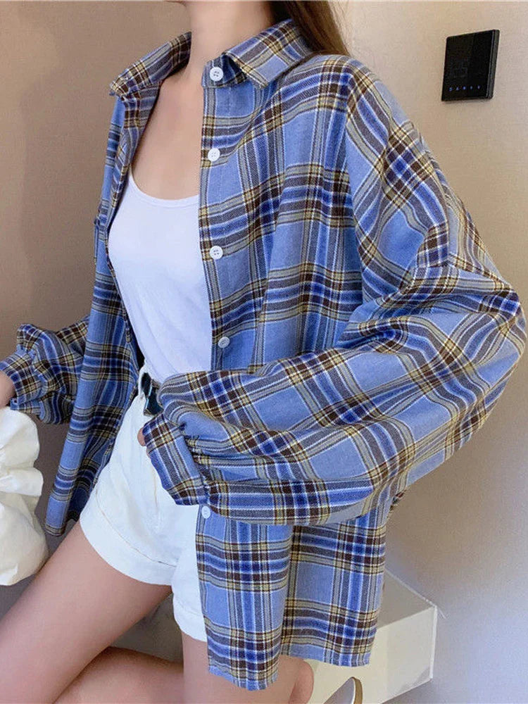 warmmeta Plaid Shirt Women Autumn Long Sleeve Top Female Vintage Fashion Single Breasted Blouse Ladies Preppy Style Loose Check Shirts