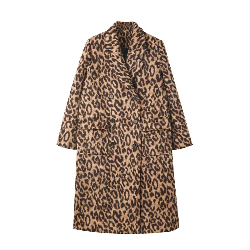 2023 Spring Women Woolen Coat Classic Leopard Print Loose Style Long Sleeve Women Fashion Longl Coat Casaco Feminino