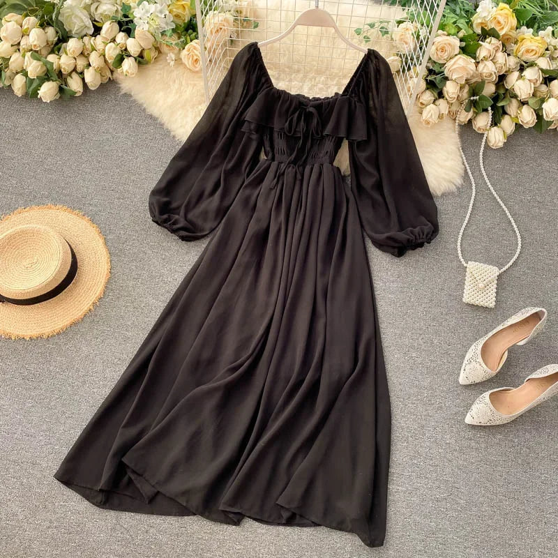 Woherb Chic Elegant Square Collar Maxi Dress Women Solid Chiffon Puff Sleeve Dresses 2024 Korean Fashion Vintage Ruffle Vestidos