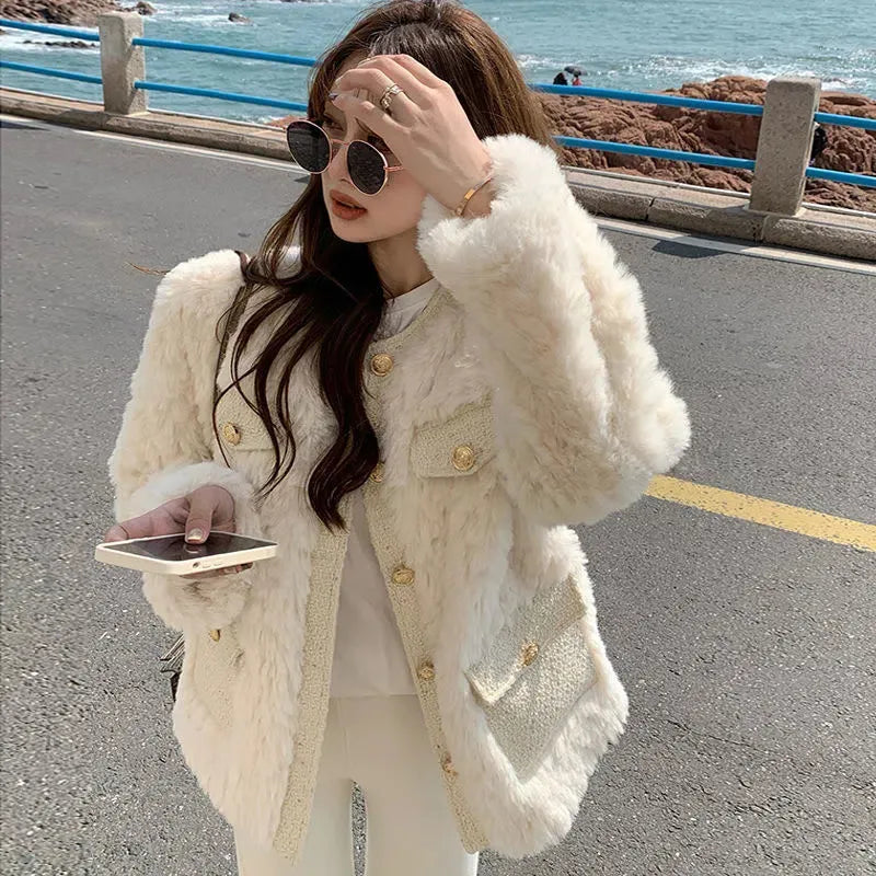 Lucyever Autumn Winter Women's Lamb Wool Jacket Korean Style Streetwear O-Neck Faux Fur Coat Woman Warm Thick Furry Fluffy Coat