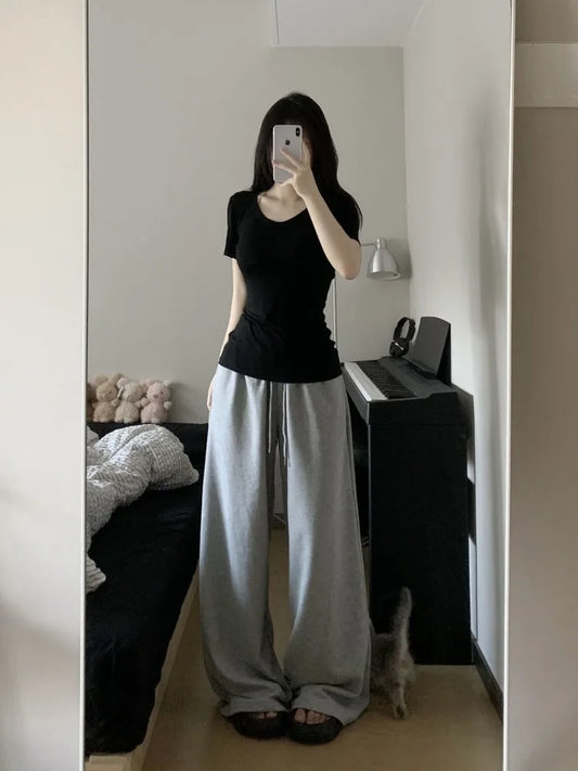 HOUZHOU Casual Grey Sweatpants Women Korean Style Wide Leg Sports Pants Harajuku Basic Oversize High Waist Black Trousers Female