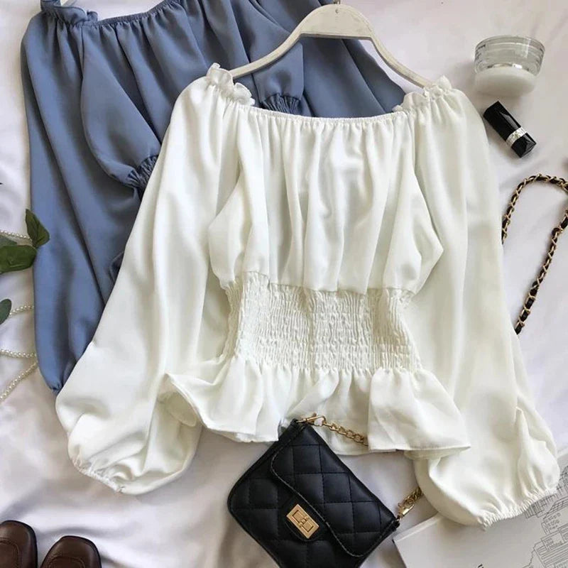 Youth Elegant Blouse Women Chiffon Fashion Blouse Off Shoulder White Shirt Ruffle Puff Sleeve Top Office wear