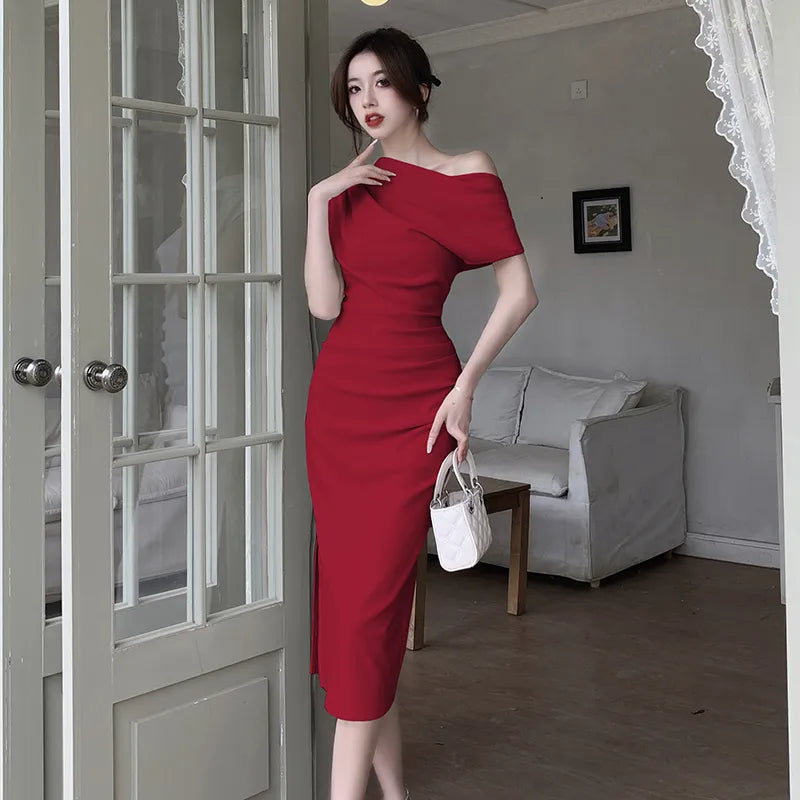 warmmeta French Temperament Celebrity Wind Sexy Strapless Oblique Collar Dress Female Spring and Summer Slim Open Package Hip Long Dress