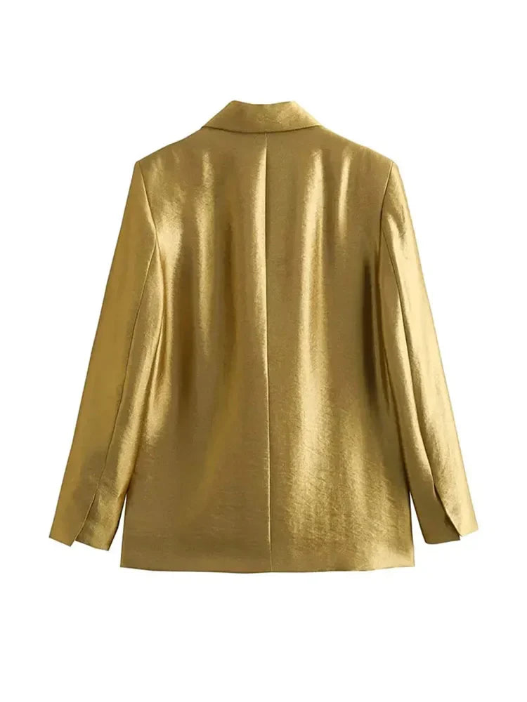 PICSGIRL -  2024 Spring Fashion Gold Blazer for Woman Casual V Neck Lapel Long Sleeve Jacket Button Up Pockets Women's Chic Blazer