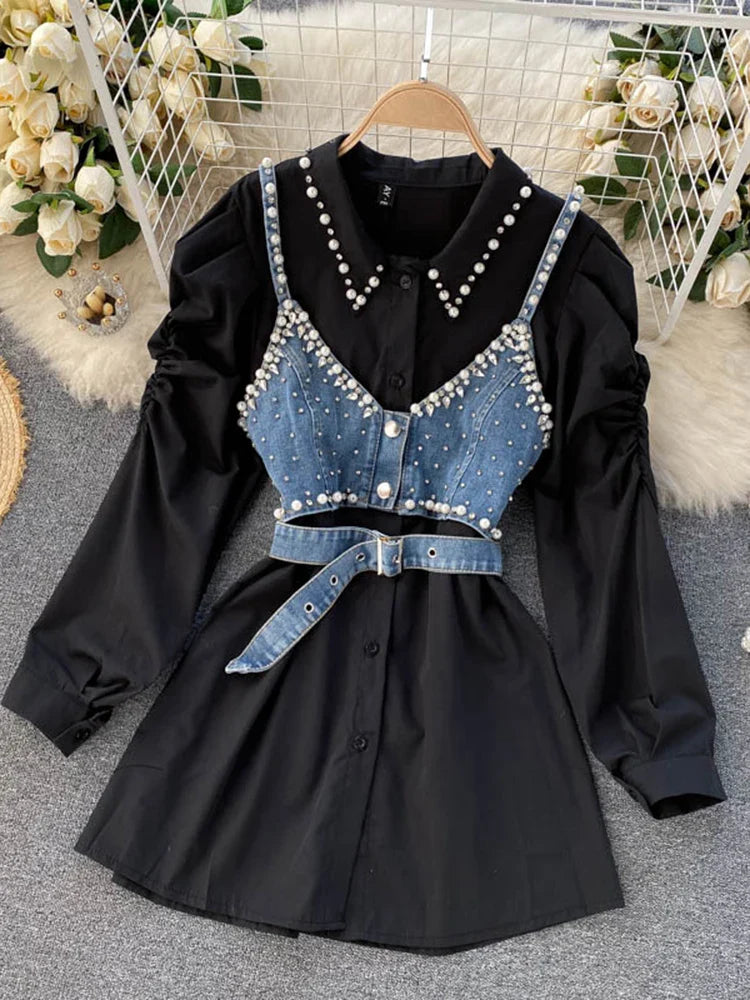 warmmeta-Spring Autumn New Temperament Blouse Female Lapel Beaded Stacking Bead Blusa Sling Waistcoat C Fashion Two-piece Shirt C814