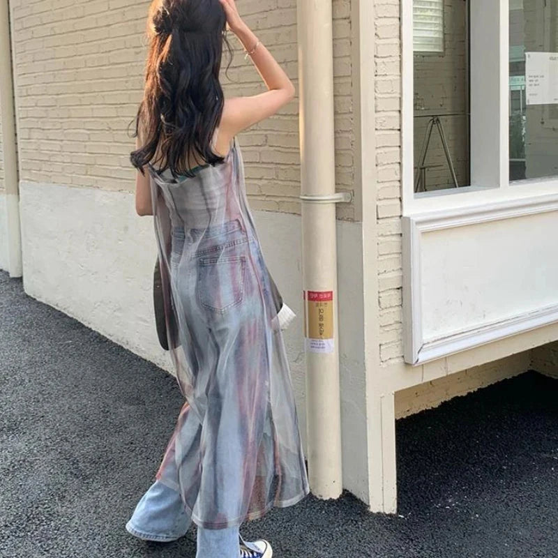 Y2K Tie Dye Tulle Midi Dress Women Streetwear Sheer Spaghetti Strap One Pieces Dresses Korean Harajuku Mesh See Through Vestidos