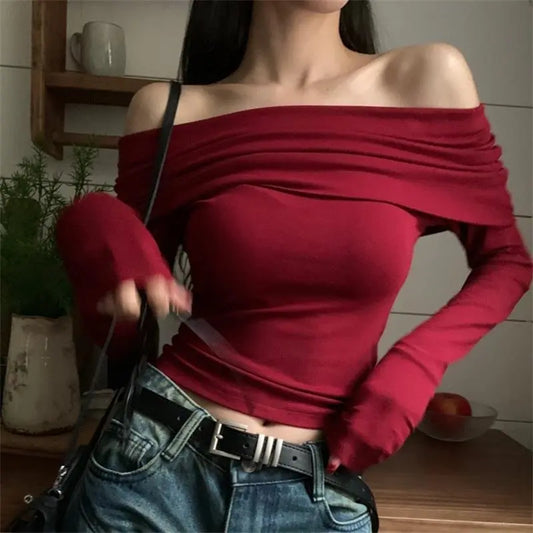 Sexy Tops Off Shoulder Long Sleeve Crop Top Women's Autumn/Winter New Spicy Girl Slim Fit Short Red T-shirt