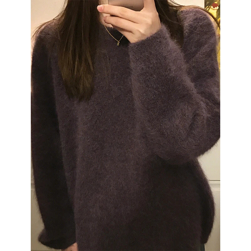 Winter Casual Purple Knitting Long Sleeve Solid Color Pullovers Korean Fashion Women Chic Loose Coquette Warm Sweater