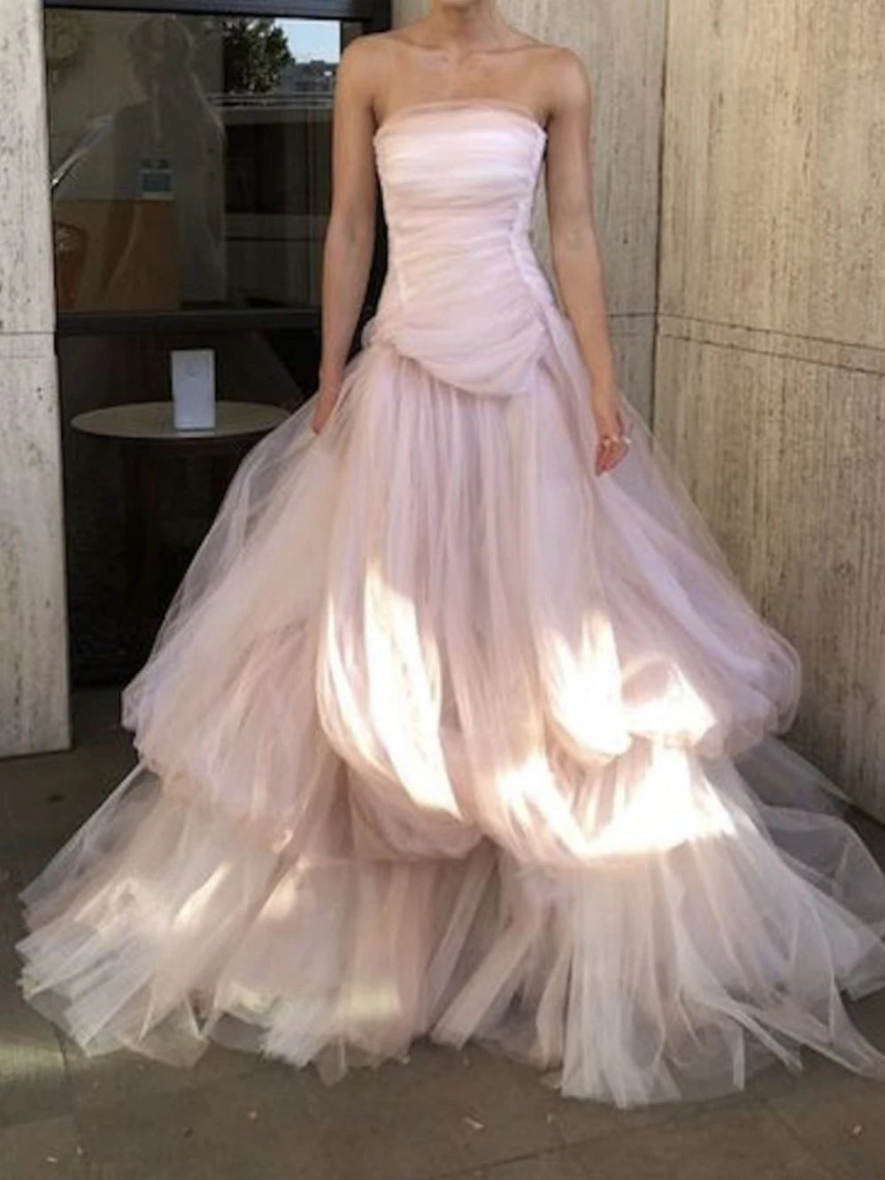 Gorgeous Prom Dress Pink Strapless Evening Dress Party Princess A-line Dresses Tulle Tiered Floor-length Bride Dresses Vestidos De Novia