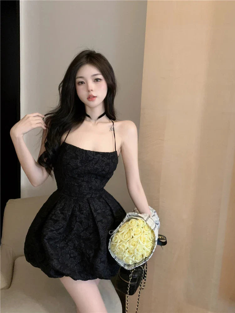 WARMMETA Woman Dress Spaghetti Strap Backless Slash Neck Black Flowers Sexy Ladies Mini Dresses Summer Party Fashion