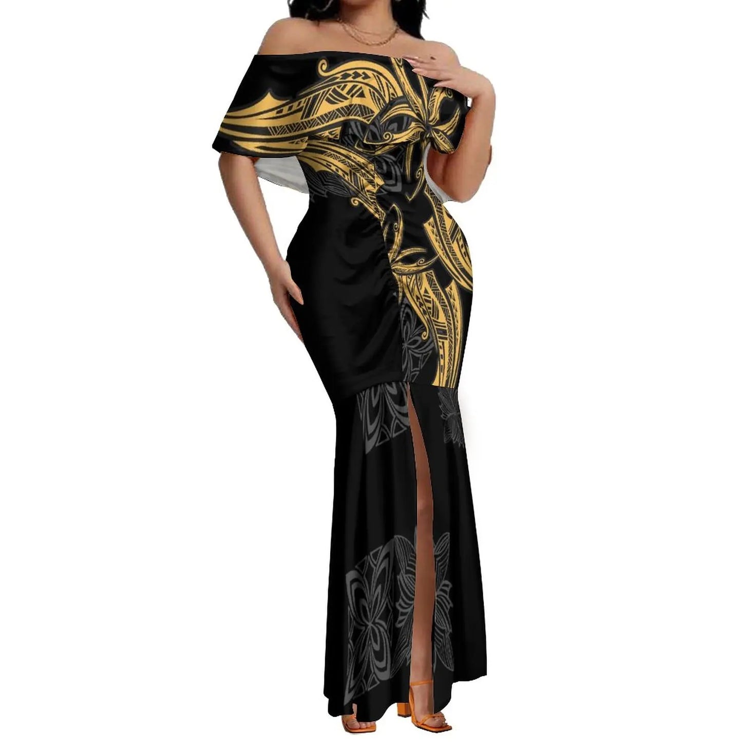 Pacific Island Art Women's Dresses Polynesia Hawaii Retro Style Off Shoulder Split Mermaid Dress