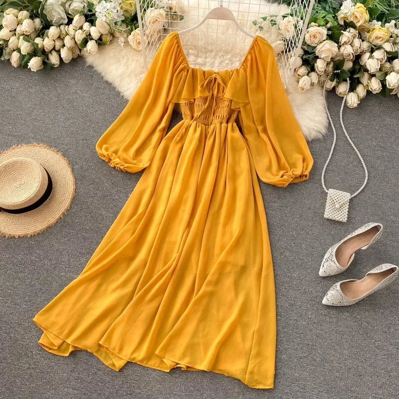 Woherb Chic Elegant Square Collar Maxi Dress Women Solid Chiffon Puff Sleeve Dresses 2024 Korean Fashion Vintage Ruffle Vestidos