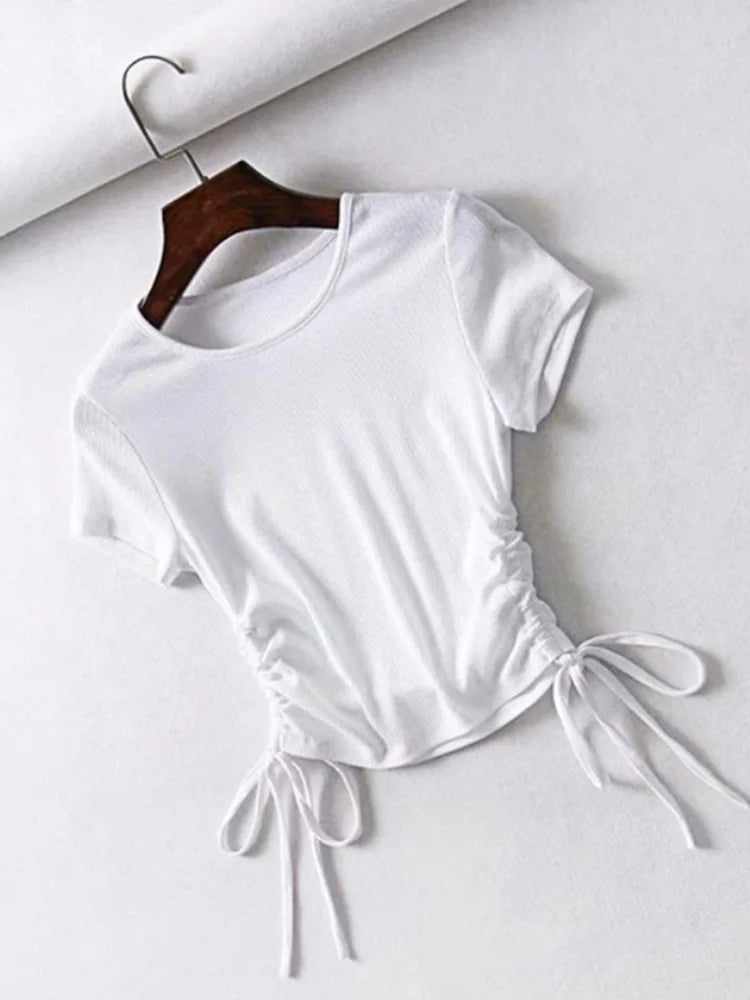 Sexy Side Drawstring Tie Up Ruched Tank Tops Women Solid Color Slim Crop Top Ladies Streetwear Ribbed Knitted Tees