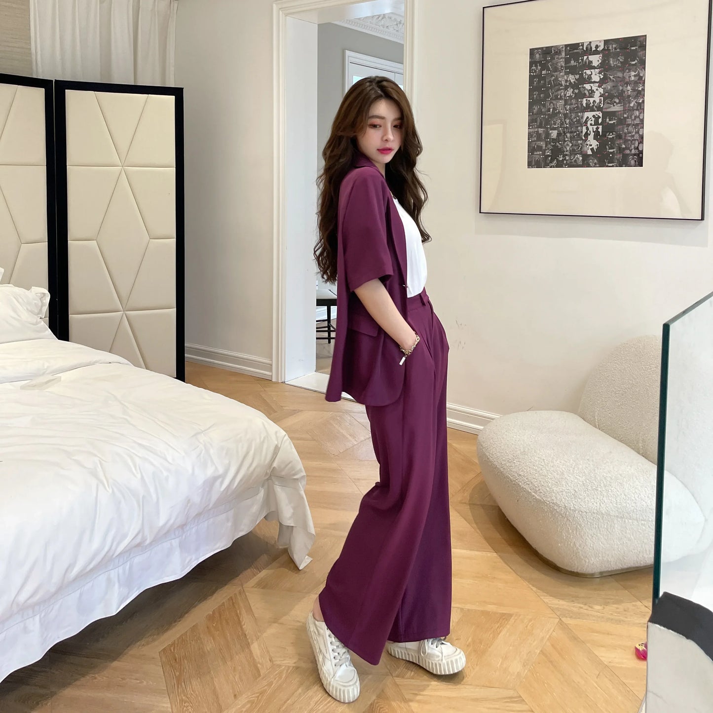 Summer Casual Women's Short-sleeved Blazer & Wide Leg Pants Women's Office Women's Suit Korean Version 2 Piece Sets Women Outfit