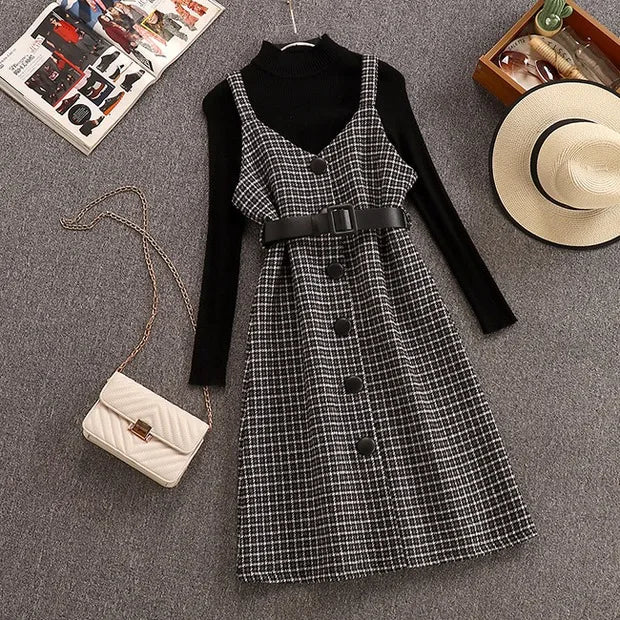 Streetwear Two Piece Dress Women Autumn Winter Sweater Wool Knee-Length Spaghetti Strap With Belt Elegant Party Vestidos