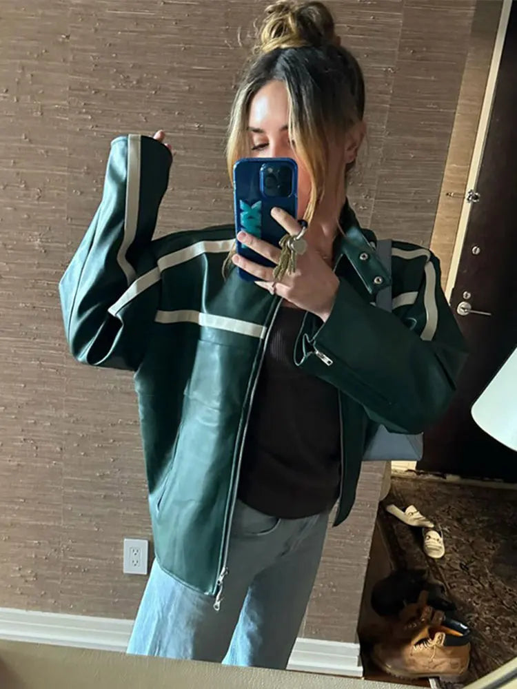 2024 Vintage Green White Patchwork Zipper Leather Jacket Chic Stand Collar Long Sleeve Cropped Coats Lady Autumn High Streetwear